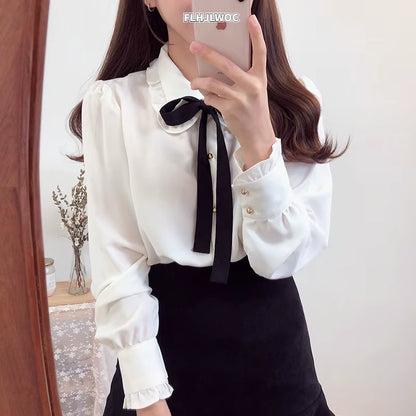 Chiffon Blouses Shirts New Hot Sales Preppy Style Girls Bow Tie Tops Cute Sweet Korean Temperament Lady Peter Pan Collar Shirt