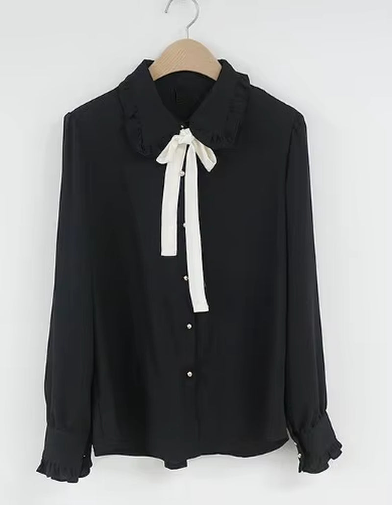 Chiffon Blouses Shirts New Hot Sales Preppy Style Girls Bow Tie Tops Cute Sweet Korean Temperament Lady Peter Pan Collar Shirt