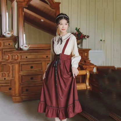 Autumn Female Dress Korean Style Retro Sleeveless Solid Color Long Dress Literary Forest Style Clothes Dress Suit NEW HOT