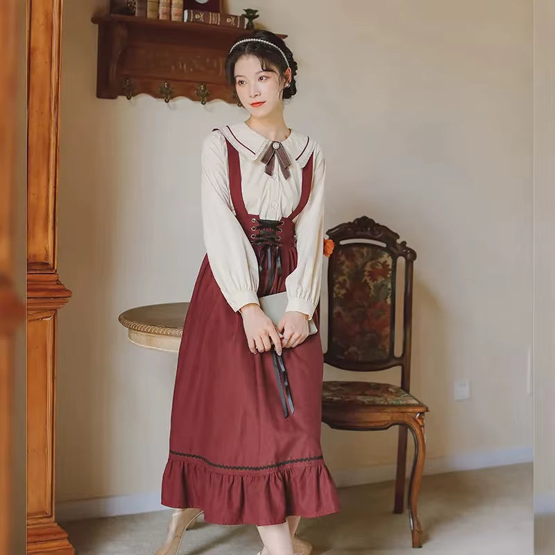 Autumn Female Dress Korean Style Retro Sleeveless Solid Color Long Dress Literary Forest Style Clothes Dress Suit NEW HOT