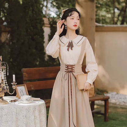 Autumn Female Dress Korean Style Retro Sleeveless Solid Color Long Dress Literary Forest Style Clothes Dress Suit NEW HOT