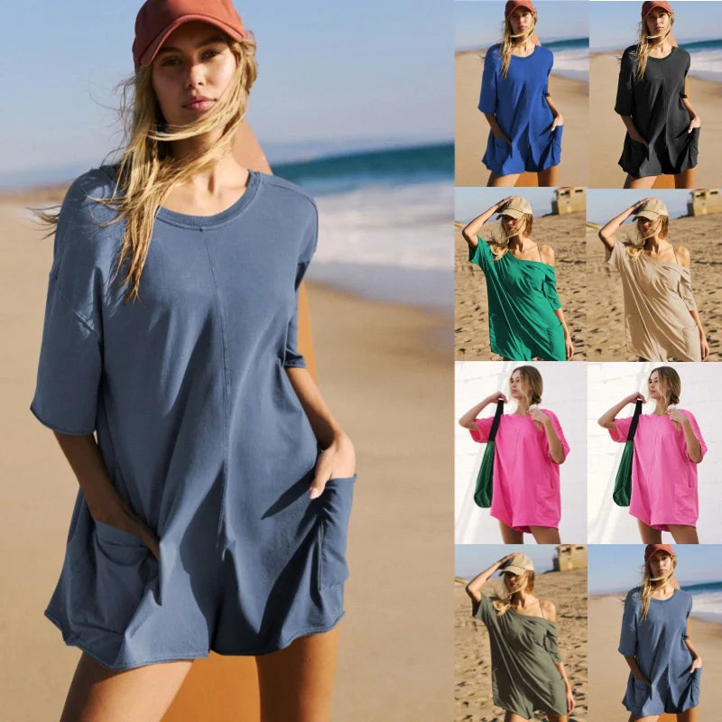 Rompers for Women Casual Short Sleeve Oversized Athletic Workout Reversible Hot Shot Tee Romper Deep Pockets