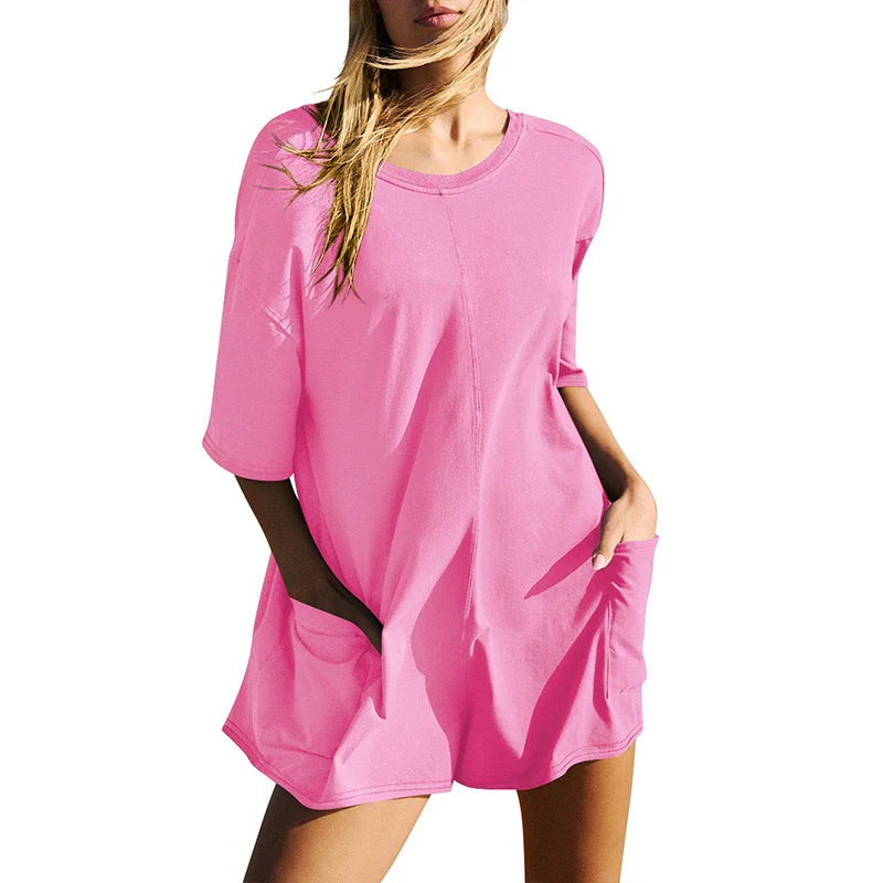 Rompers for Women Casual Short Sleeve Oversized Athletic Workout Reversible Hot Shot Tee Romper Deep Pockets