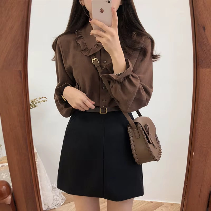 Basic Shirts Blouses Hot Sales 2019 Women Fashion Design Korean Preppy Style Flare Sleeve Peter Pan Collar White Button Shirt