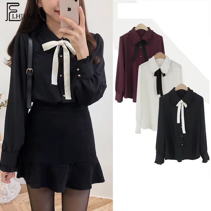 Chiffon Blouses Shirts New Hot Sales Preppy Style Girls Bow Tie Tops Cute Sweet Korean Temperament Lady Peter Pan Collar Shirt