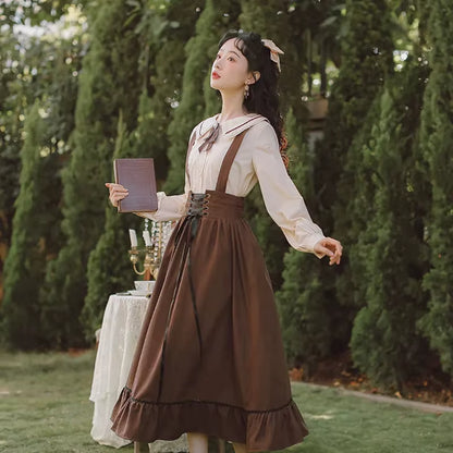 Autumn Female Dress Korean Style Retro Sleeveless Solid Color Long Dress Literary Forest Style Clothes Dress Suit NEW HOT