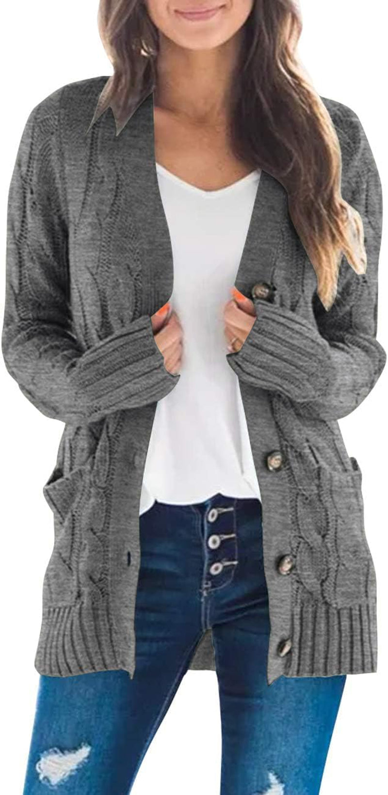 Women'S 2024 Fall Long Sleeve Cable Knit Sweater Open Front Cardigan Button Loose Outerwear